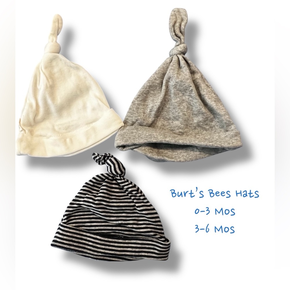 EUC Burt's Bees Organic Baby Knot Hats - Cream, Gray, and Stripped (0-6 mos)